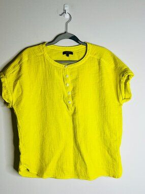 Quince 100% Organic Cotton Gauze Roll Sleeve Shirt in Chartreuse Boho Boxy Sz L